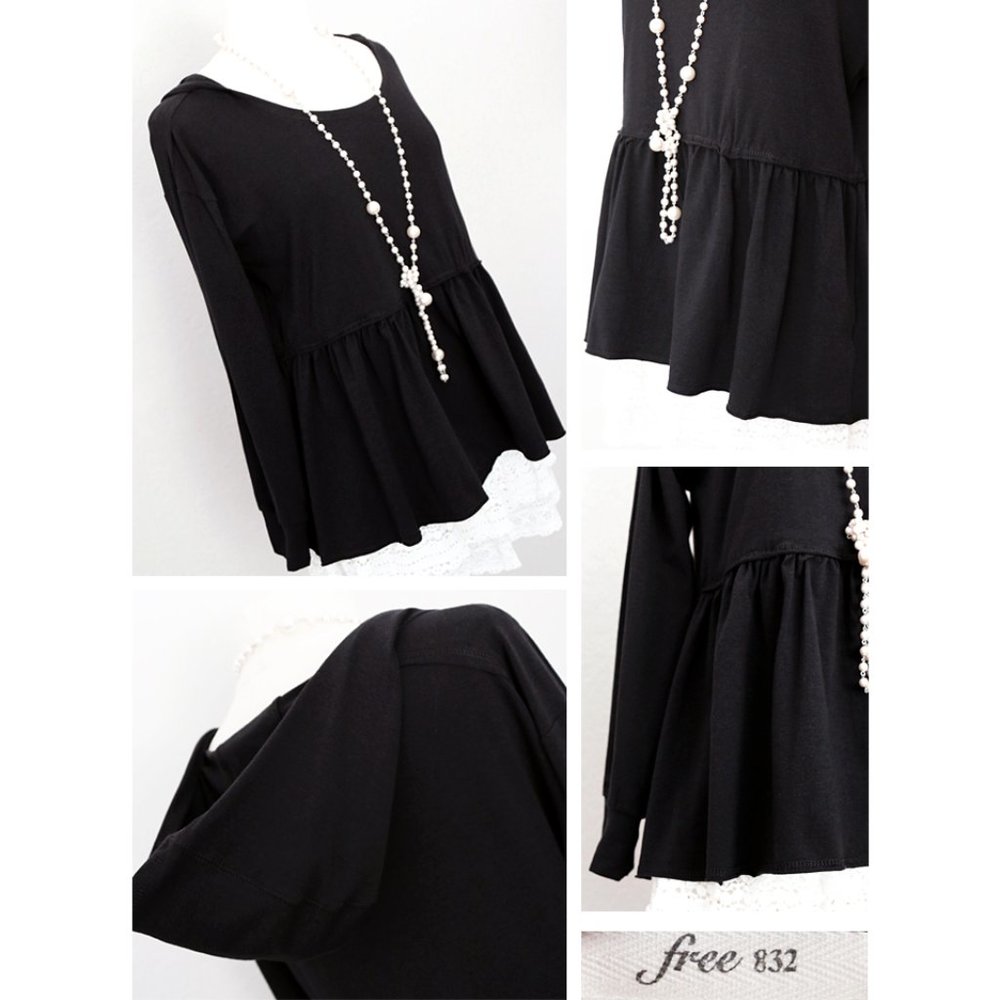 Black Hooded Babydoll Peplum Pullover Cotton Top - Picture 4 of 8